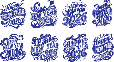 Vintage vector set of sale labels and stickers with text, icon decoration and symbols for Happy new year 2026 banner and poster design or card illustration
