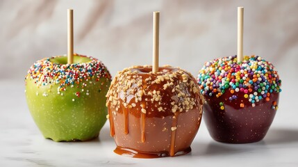 Colorful and Tasty Caramel Apples with Sprinkles on a Marble Background for Celebration or Fall Theme