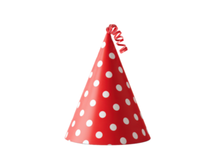 Red party cone hat with white polka dots and curled ribbon isolated on transparent background, festive accessory symbolizing celebration, birthday, New Year party, and joyful holiday event