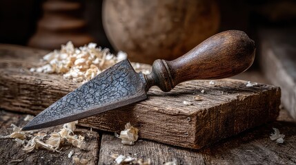 Vintage Craft Knife Resting on Wooden Surface with Shavings in Warm Light