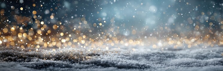 Sparkling snow-covered ground with shimmering bokeh lights in the background, creating a magical winter atmosphere, ideal for seasonal themes and festive celebrations