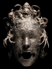 Naklejka premium Una máscara grotesca con motivos de calaveras y garras, representando una pesadilla visual.