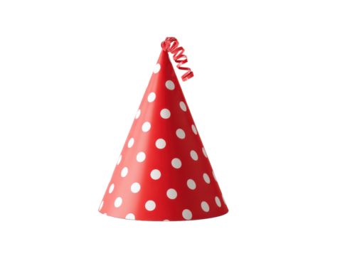 Red party cone hat with white polka dots and curled ribbon isolated on transparent background, festive accessory symbolizing celebration, birthday, New Year party, and joyful holiday event