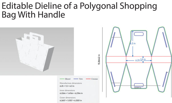 Polygonal shopping bag template with dimensions die line