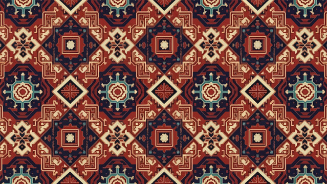 Afghan Baluchi Carpet-Inspired Seamless Vector Pattern &ndash; Geometric Gul Motifs in Venetian Red & Indigo, Editable EPS