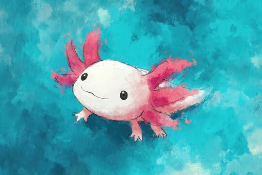Un axolote blanco con detalles rojos emerge de un fondo acu&aacute;tico azul.