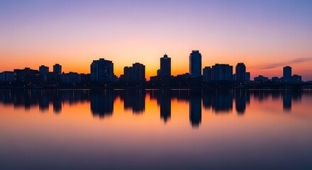 Vibrant urban skyline reflecting in calm water at dawn, showcasing modern architecture and cityscape