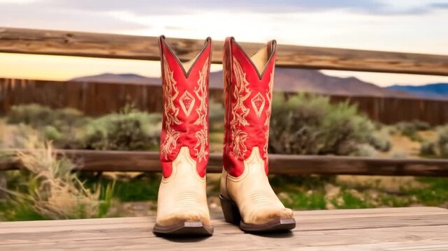 A pair of boots with ornate red shafts and cream-colored feet stands on a wood surface