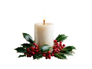 Lit white candle decorated with holly leaves and red berries isolated on transparent background, traditional Christmas ornament symbolizing warmth, peace, and festive holiday celebration atmosphere