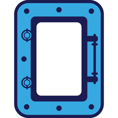 Blue Rectangular Porthole With Dark Blue Trim And Handle Isolated On White Background For Nautical And Maritime Themes