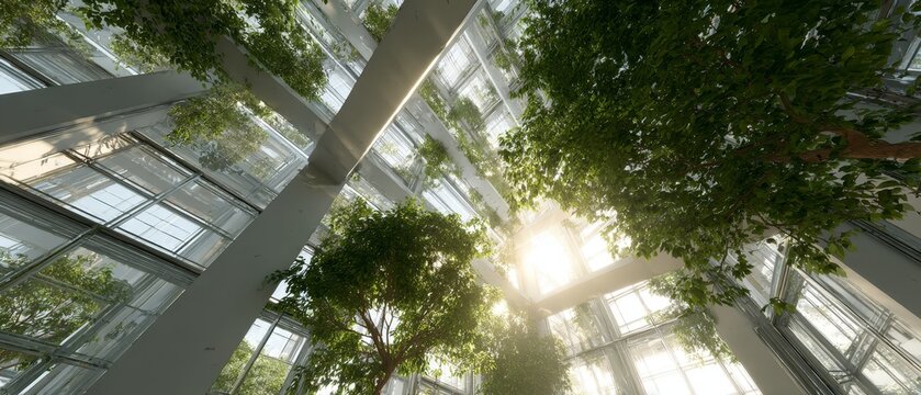 A modern atrium with green plants and natural light filtering through the glass windows, showcasing an eco-friendly interior design.