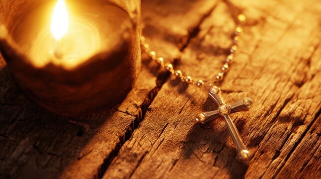 Una imagen que captura la serenidad y la esperanza a trav&eacute;s de una cruz de plata iluminada por la luz de una vela.