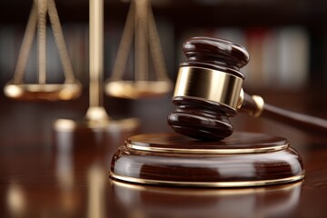 Image shows a gavel and scales of justice, symbolizing the legal system and judicial proceedings.