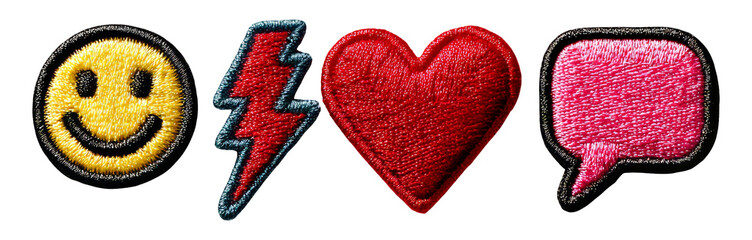 Colorful Embroidered Patches Featuring Smile, Heart, Lightning, and Speech Bubble