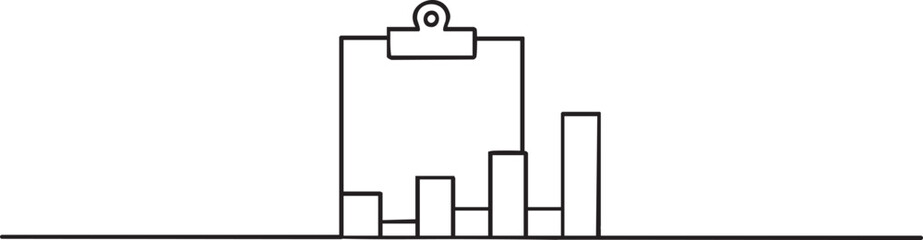 Obraz premium Continuous one line drawing of clipboard with bar graph and data trend curve, minimalist business analytics concept on white background