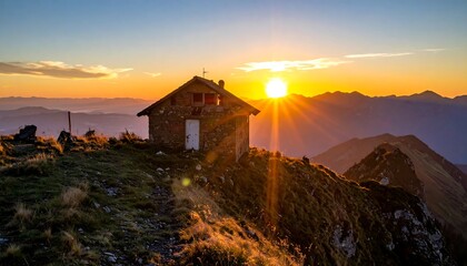 Sunset over mountain peak, stone hut silhouetted