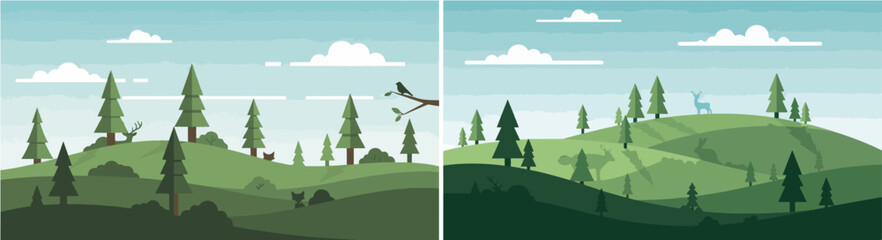 Minimalist Flat Vector Landscape with Layered Green Hills and Trees
