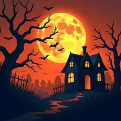 Cartoonish Halloween image. A full moon looms over a haunted house on a hill, bats fly over barren trees.