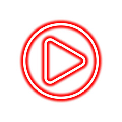 A glowing red neon play button inside a circle, isolated on a white background.