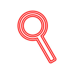 A red neon-style illustration of a magnifying glass, isolated on a white background.