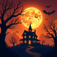Halloween scene with a haunted house silhouette under a full moon and flying bats. Perfect for adding a spooky touch to your submission.