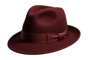 Burgundy wool fedora with a ribbon band.