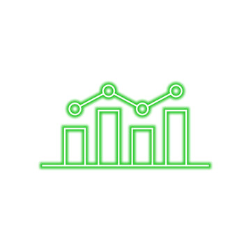 A green neon-style icon depicting a bar graph with a line graph overlaying it, representing data analysis and trends.