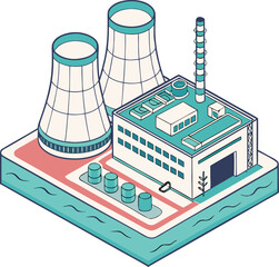 Isometric illustration of nuclear power plant generating clean electricity, symbolizing green energy, sustainability, and eco-friendly technology.