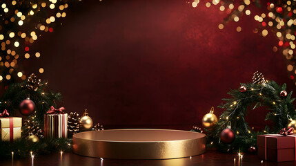 A round golden podium with a Christmas wreath, Christmas tree baubles, and fir branches against a dark red studio background