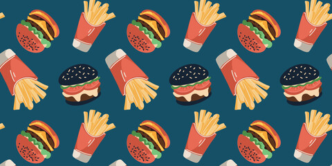 vector illustration seamless burger and french fries pattern for fast food design