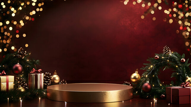 A round golden podium with a Christmas wreath, Christmas tree baubles, and fir branches against a dark red studio background