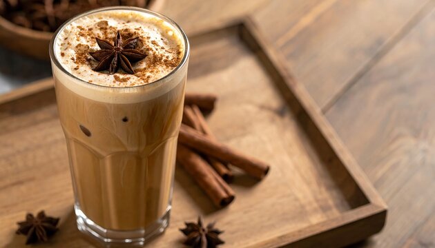 Tall glass of creamy frothy iced chai latte garnished with star anise, surrounded by star anise and cinnamon sticks