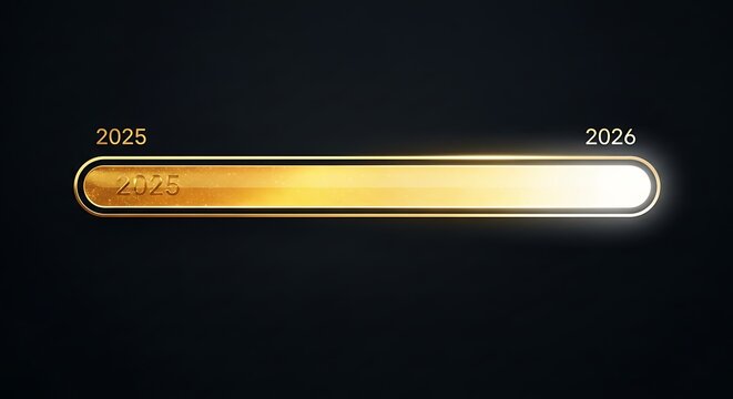 Photo of golden progress bar indicating transition from 2025 to 2026, symbolizing the passage of time and the arrival of the new year