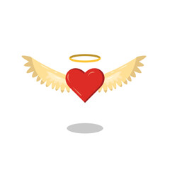 Bright Red Heart with Golden Angel Wings and a Halo Floating Above a White Background. Sweet and Symbolic Cartoon Icon Representing Love and Romance. Minimalist Vector Graphic.