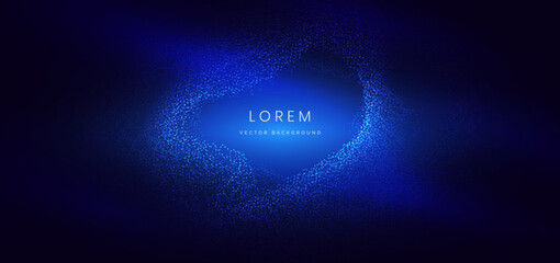 Futuristic glowing particle blue wave lines on dark blue background.