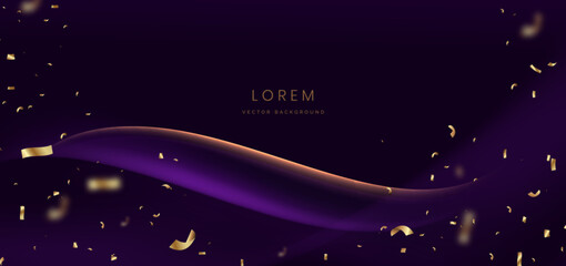 Luxury purple curve ray on dark red background with gold confetti. Celebration grand opening party happy concept.