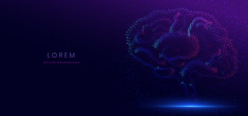 Artificial intelligence brain particle blue and pink science system on dark background. Data network science concept.