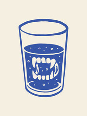 glass of water with vampire teeth surreal sketch vector illustration