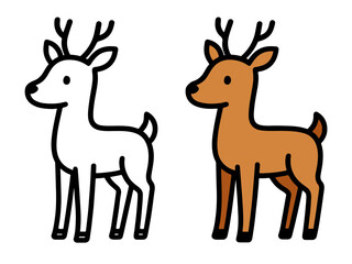Adorable standing deer with small antlers, shown in outline and colored versions, perfect for woodland, winter, or animal-themed coloring pages. © Crazy Monday Studio