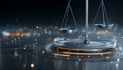 A digital scene with balanced scales symbolizing justice, surrounded by connected lines and glowing points, representing modern legal and technological integration.