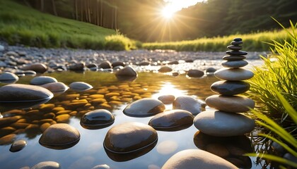 Fototapeta premium Smooth river stones in shallow stream reflecting golden sunlight symbolizing balance, flow, and peaceful natural energy