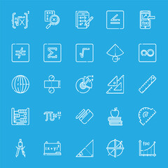 A comprehensive set of mathematical and educational line icons on a blue background, representing various concepts, tools, and symbols.