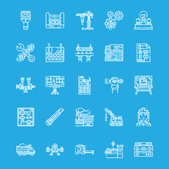A collection of white line icons illustrating engineering, construction, and technology concepts on a blue background.
