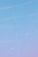 soft sky background with faint white clouds, pastel blue to light purple gradient, subtle digital network lines and glowing nodes, minimal technology aesthetic