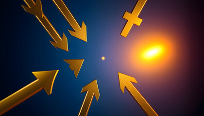 A 3D vector illustration of a golden cross logo with an up arrow symbol on a blue background representing business success and direction