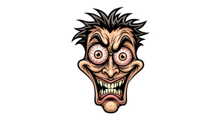 Intense cartoon face with bulging eyes and a wide toothy grin conveys a sense of extreme mania