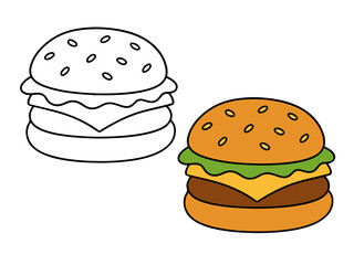 Simple burger outline illustration for coloring. Great for kids’ food-themed coloring pages, printable art, and fun creative learning projects.