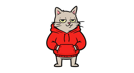 Obraz premium Cartoonish cat character wearing a red hoodie in a playful illustration on a white background