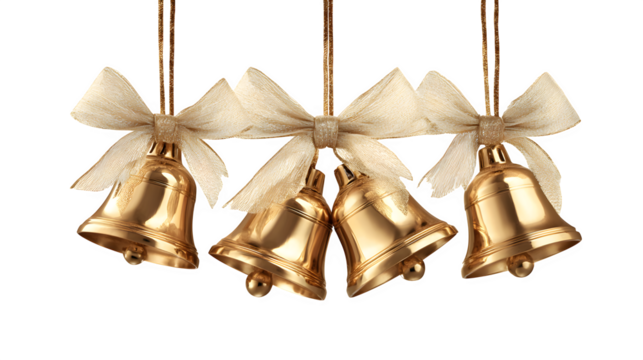 Golden Christmas Bells with Ribbons, isolated on transparent background
