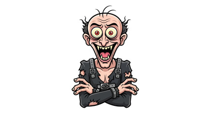 Cartoon illustration of a mentally deranged man in a straitjacket expressing rage